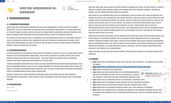 Screenshot of comments while in reading mode in Word 2013